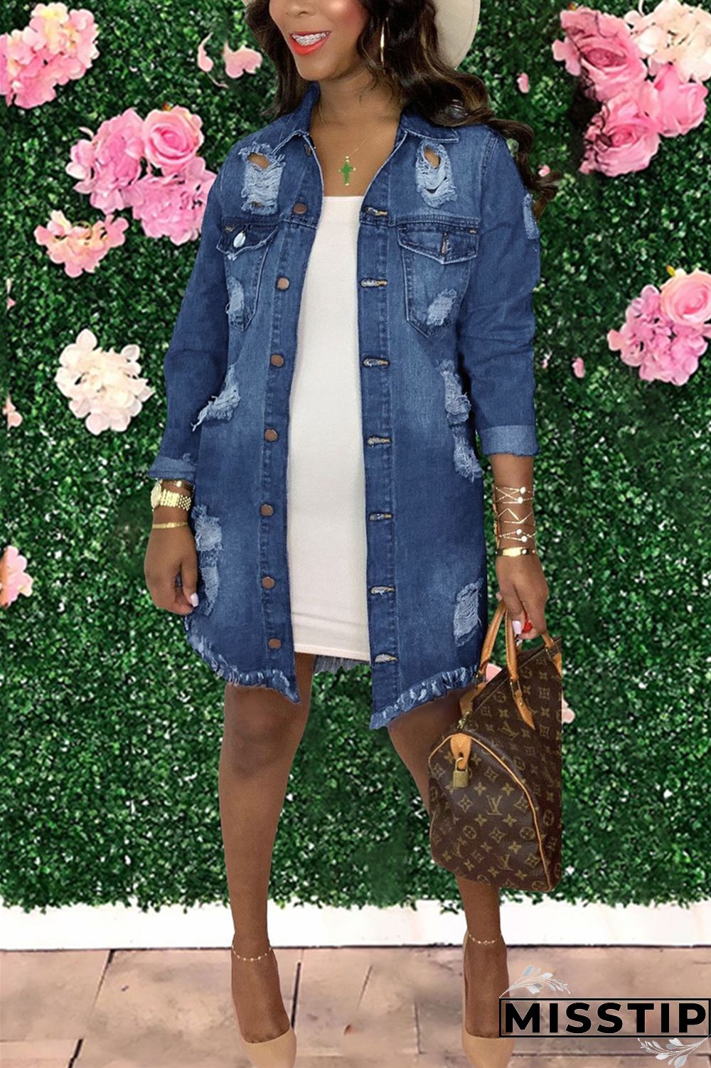 Dark Blue Fashion Casual Solid Ripped Turndown Collar Long Sleeve Regular Denim Coats