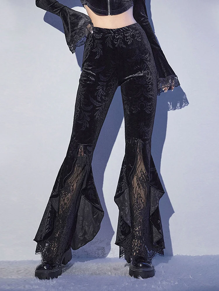  Everyday Retro Style Ruffle Lace Pattern Velvet Flare Pants