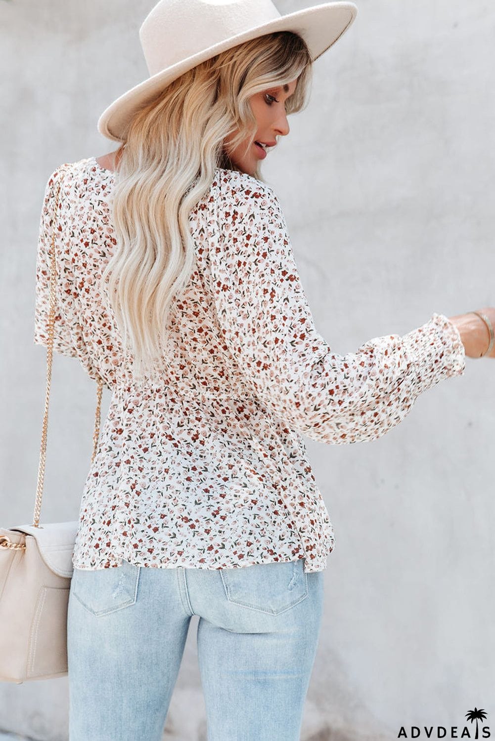 Floral Print Front Tie Ruffled Long Sleeve Blouse