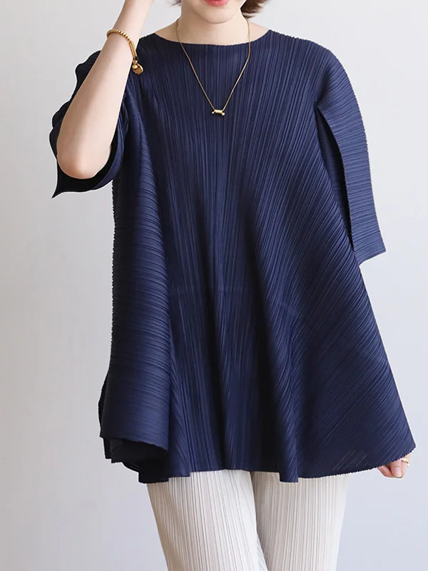 Simple Loose Long Sleeves Tied Pleated Solid Color Round-Neck T-Shirts Tops
