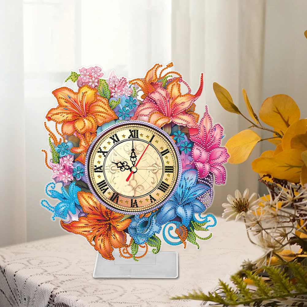 DIY Lily Acrylic Special Shaped 5D Diamond Painting Clock Art Craft for Home Decor