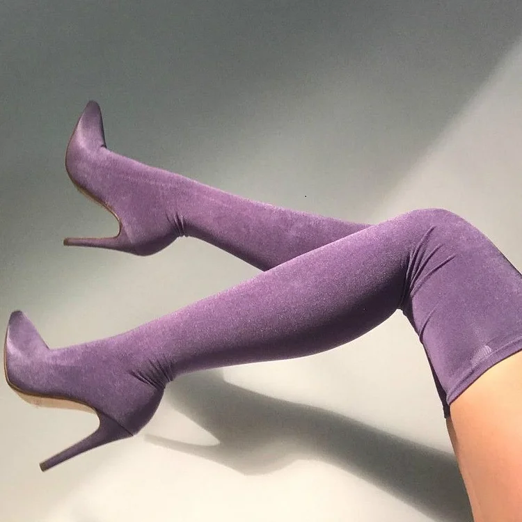 Purple Thigh High Heel Sock Boots Pointy Toe Elastic Stiletto Boots |FSJ Shoes