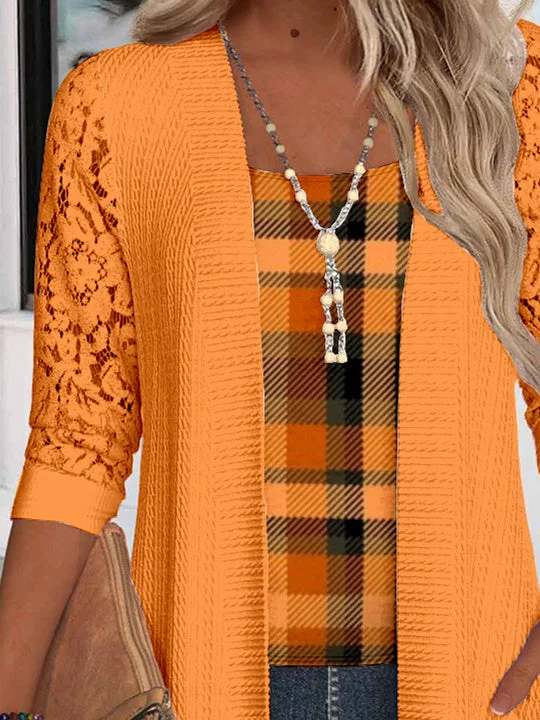 Women Long Sleeve Scoop Neck Graphic Pockets Lace Two-Pieced Tops