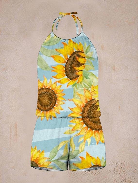 Women's casual sleeveless sunflower print jumpsuit-Mayoulove