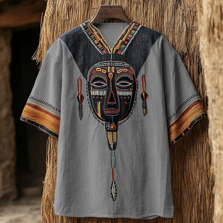 VChics Men's Tribal African Masks Embroidery Art Print Linen T-shirt