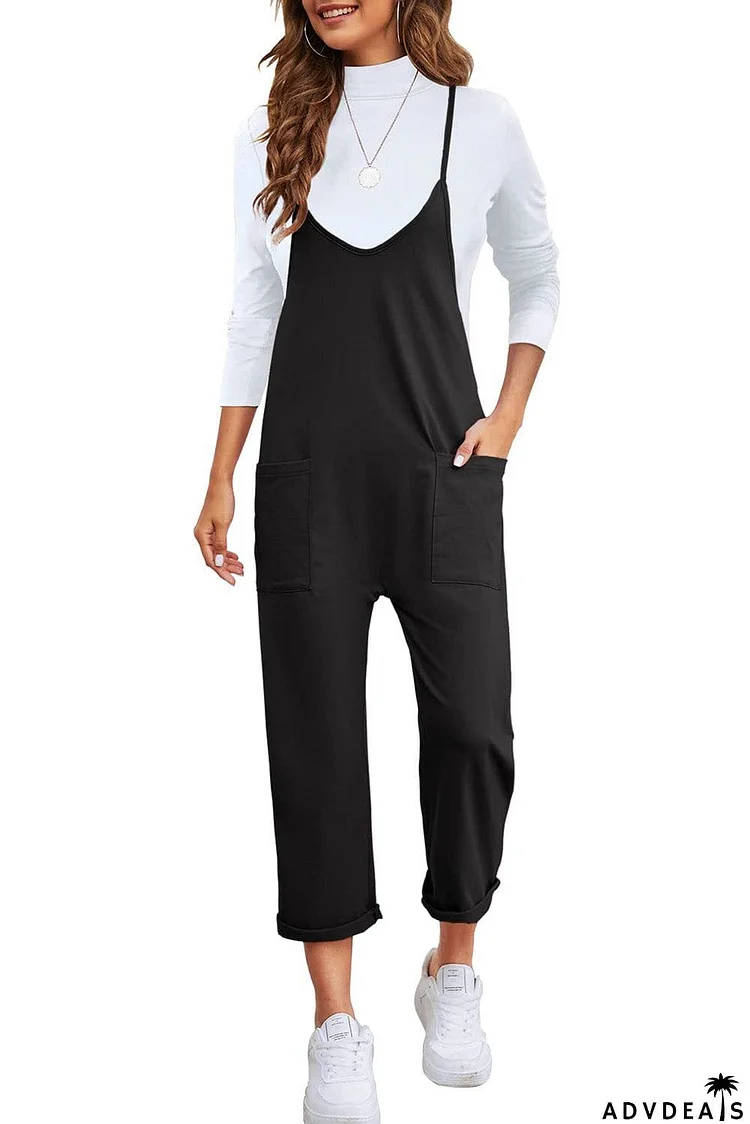 Pocketed Adjustable Spaghetti Strap Straight Leg Jumpsuit