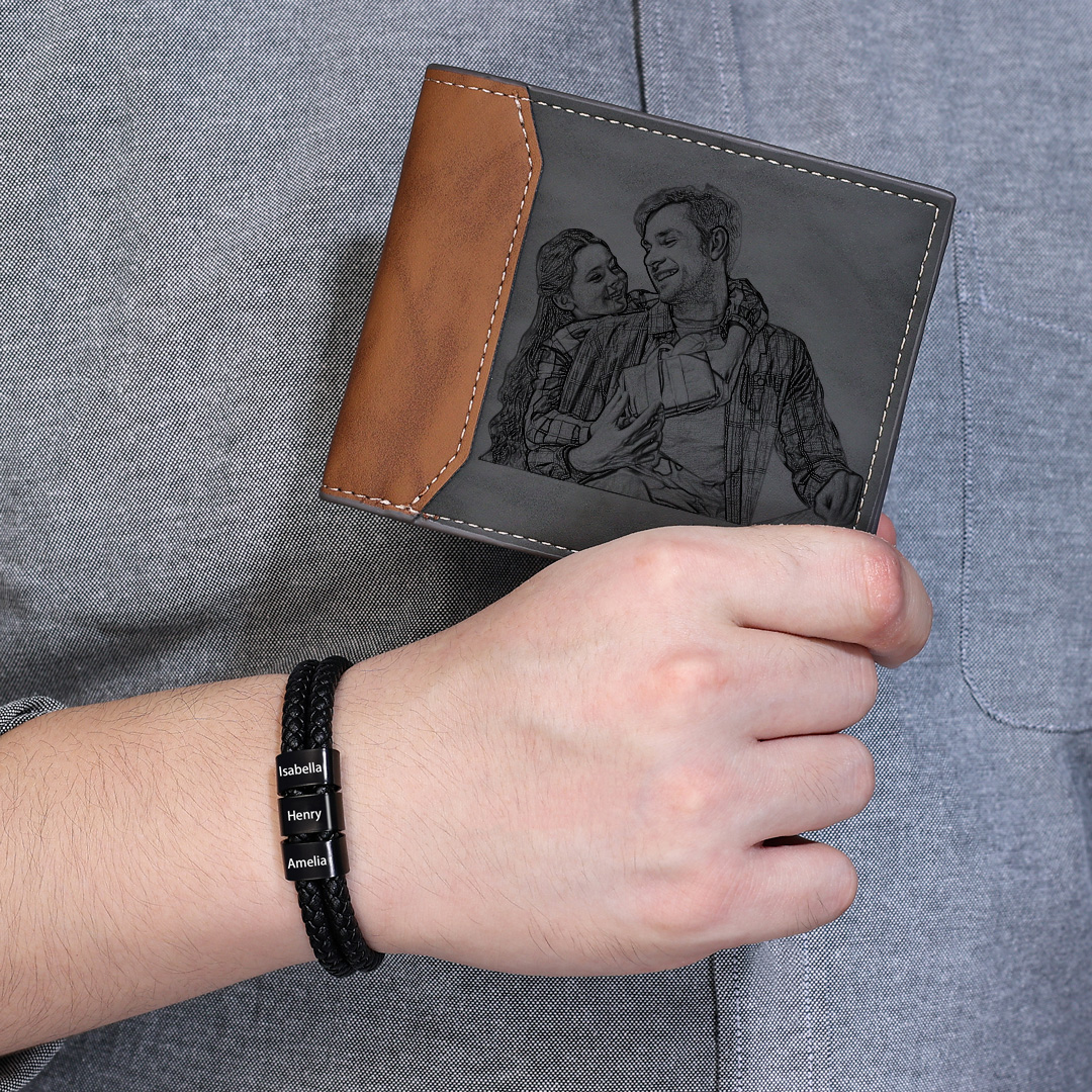 Black Personalised 1 Photo & 1 Letter & 4 Names Gift Set Custom Wallet & Bracelet & Pen Gift Box Set Father’s Day Gifts