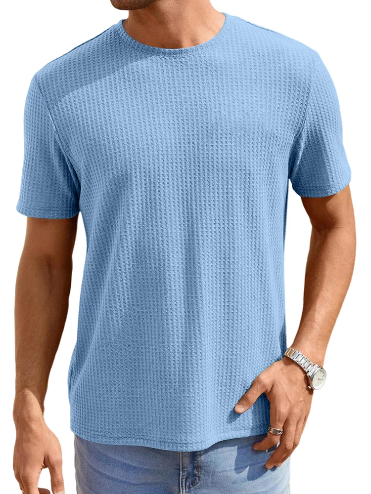Men's Summer Round Neck Solid Color Waffle Loose Short Sleeve T-Shirt