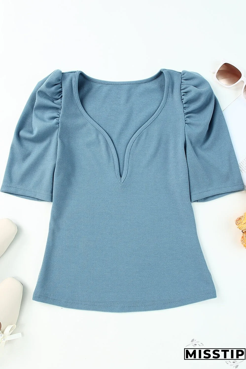 Ribbed Knit Ruched Sleeve Top