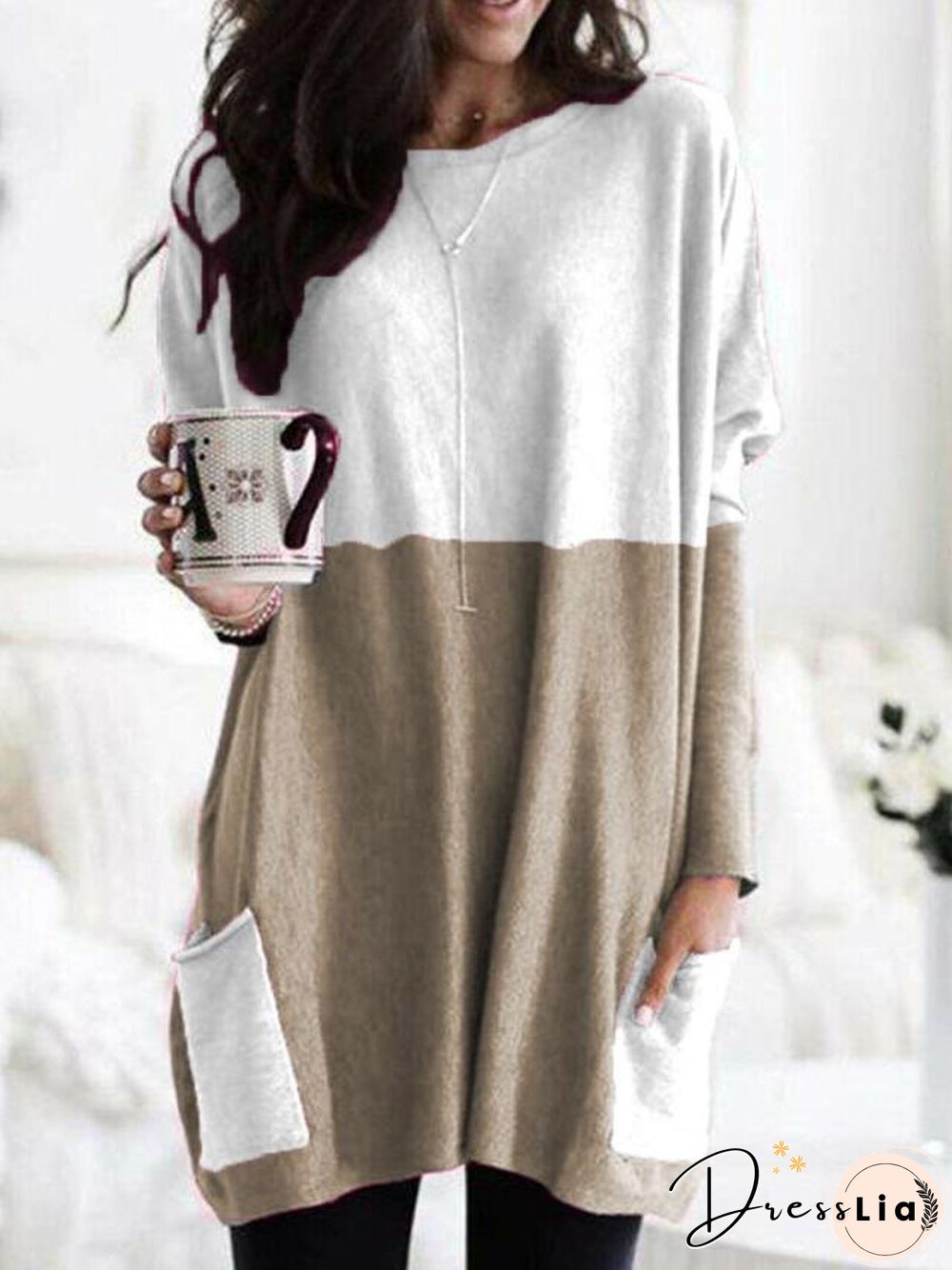Hot Sale New Fashion Stitching Pocket Mid-length Loose Long-sleeved T-shirt Women