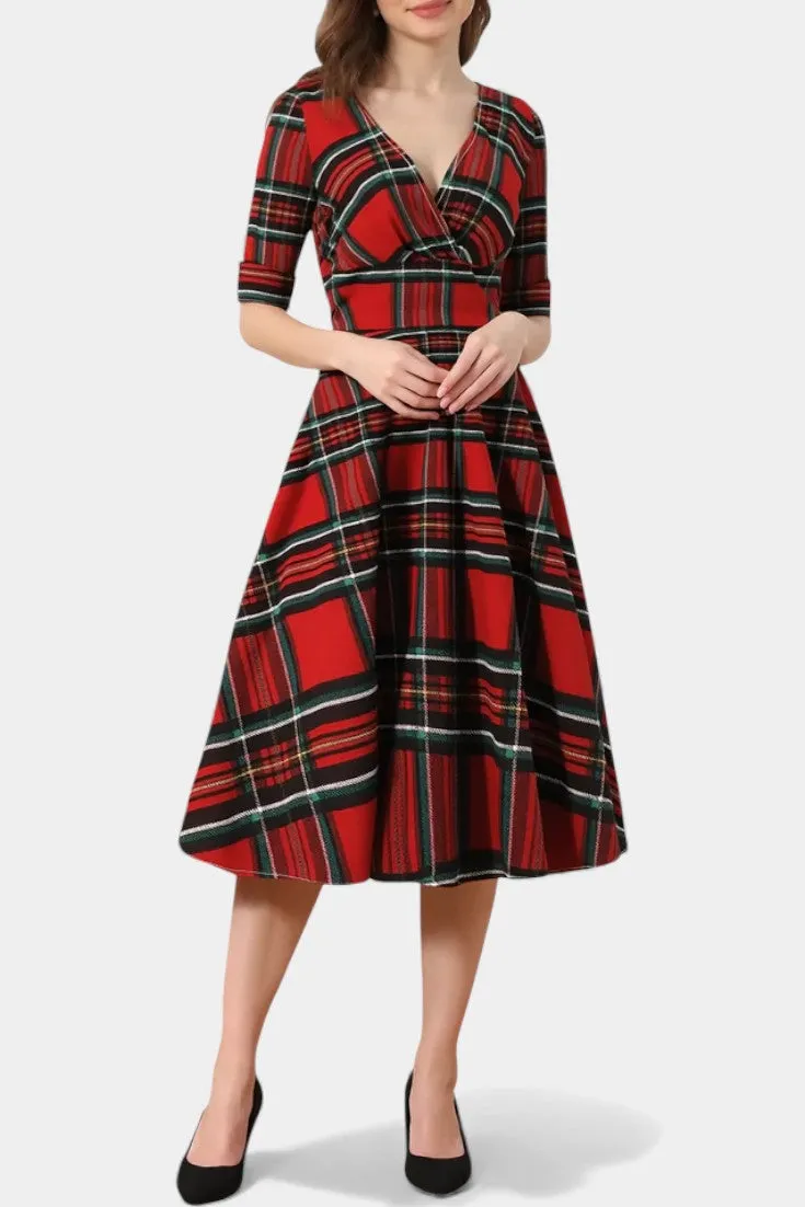 Festive V-Neck Plaid Midi Dress with Wrap Detail