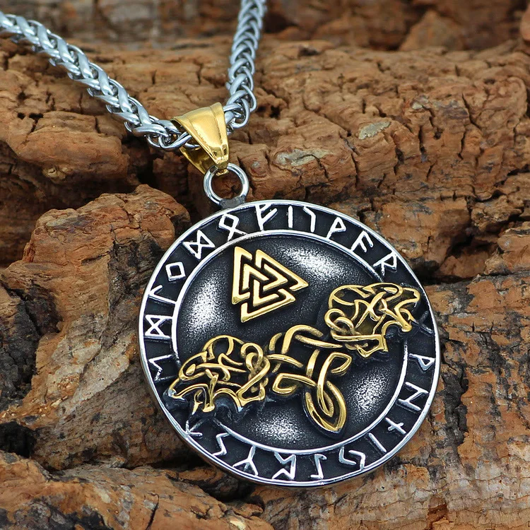 Coutureaura Double Wolf Head Roaring Triangle Rune Necklace