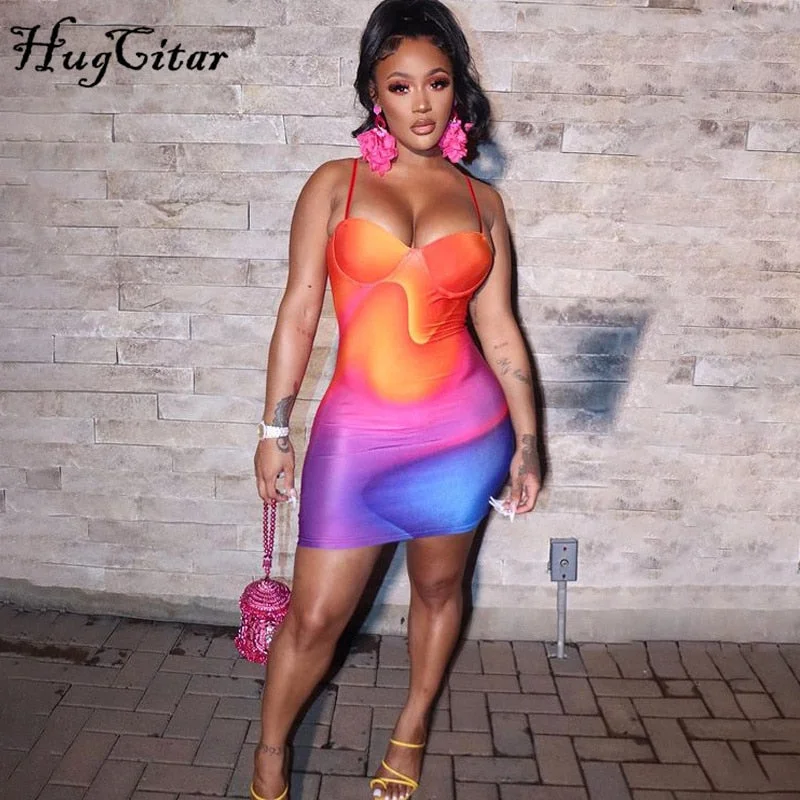 Hugcitar Tie Dye Print Sleeveless Backless Adjustable Slip Sexy Dress 2021 Summer Women Fashion Streetwear Outfits Club Clothing