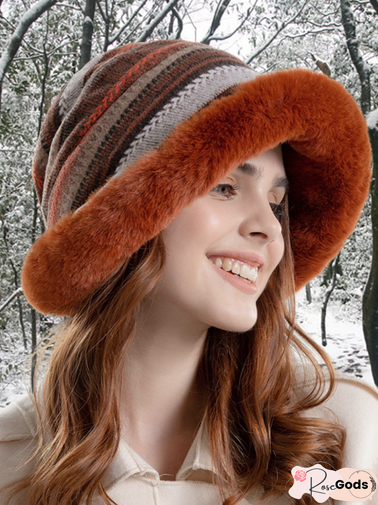 Casual Multicolor Striped Faux Fur Wide Brim Hat Beanie Daily Outdoor Accessories