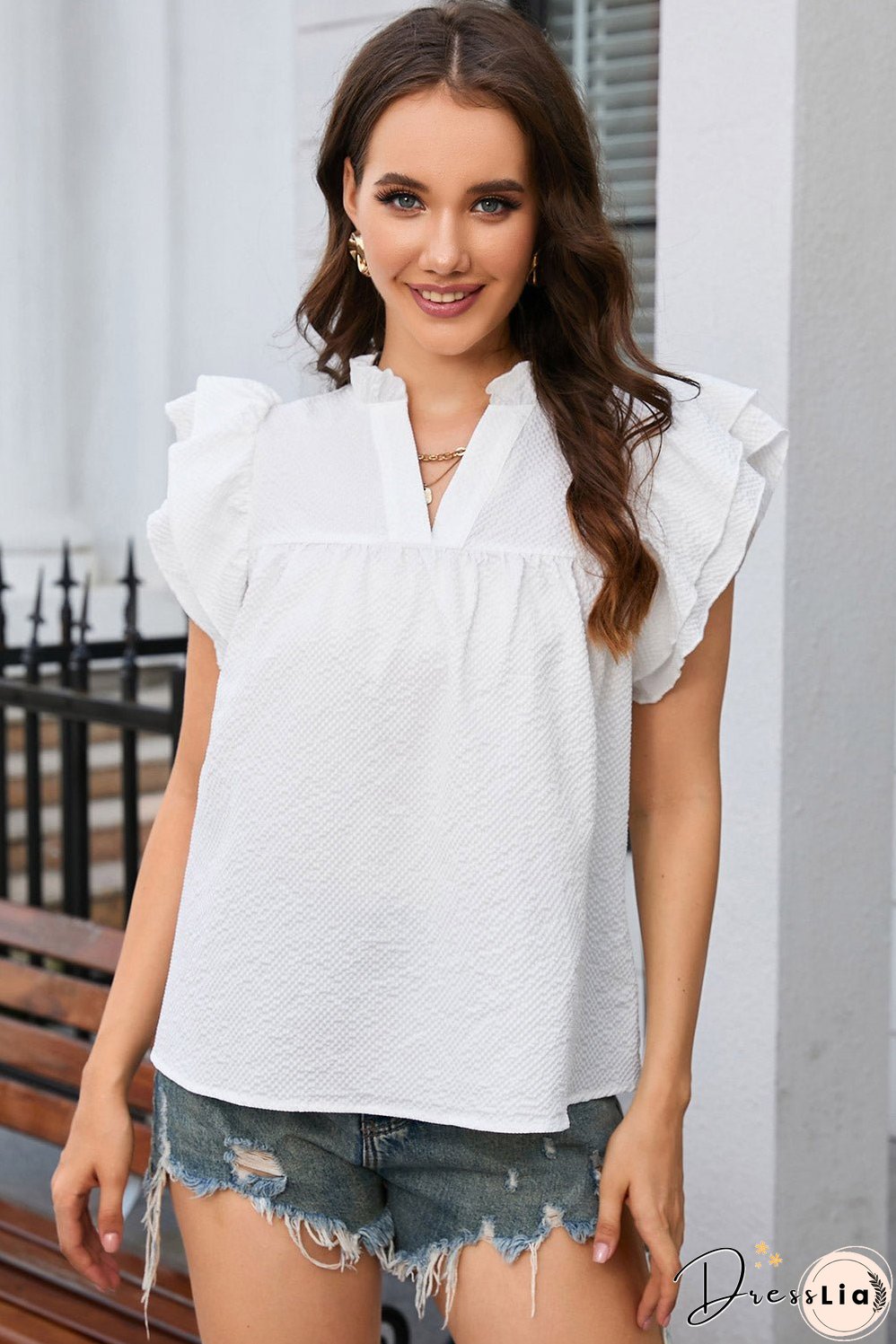 White Ruffle Flutter Notch Neck Top