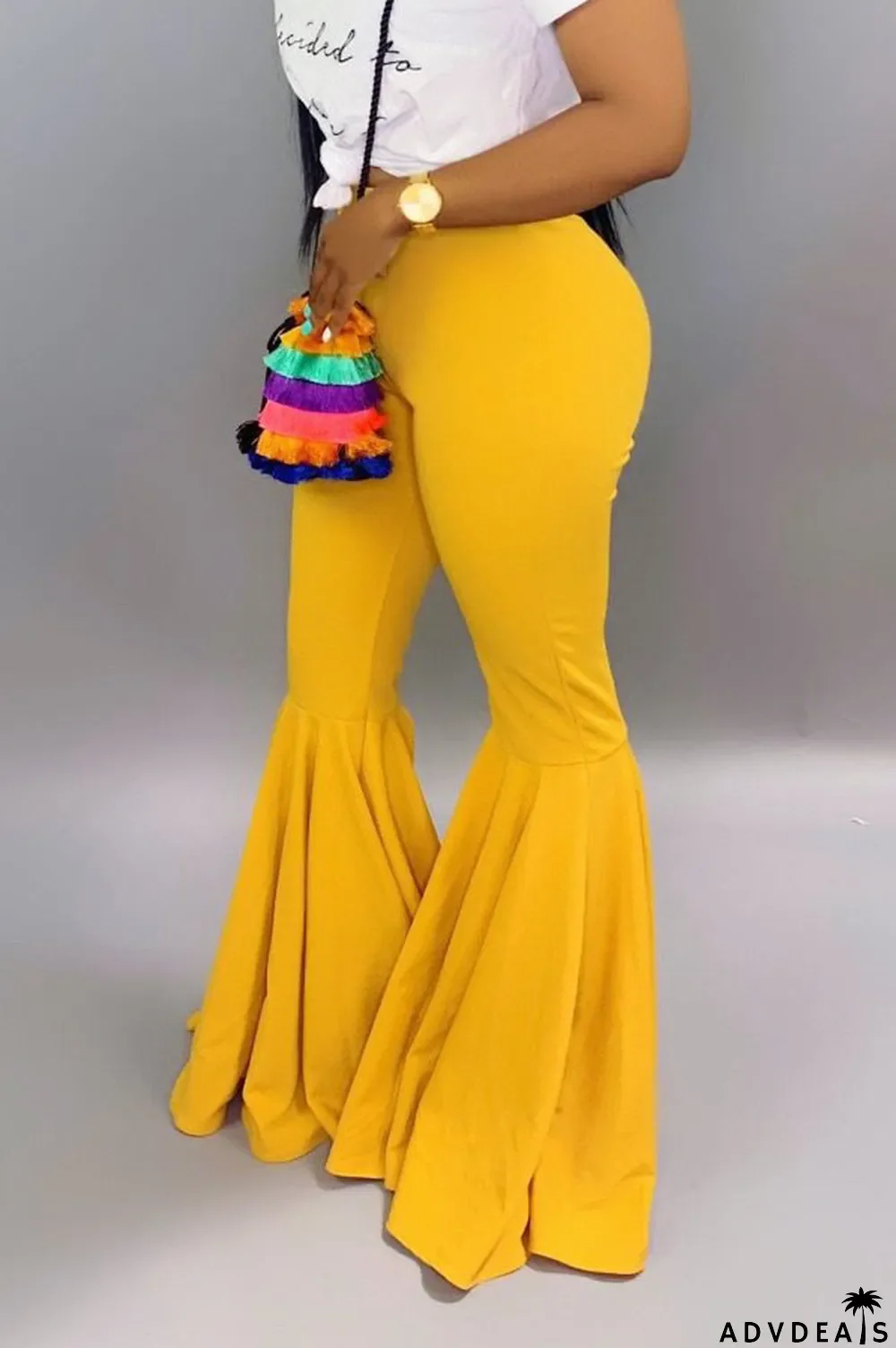 Orange venetian Elastic Fly Mid Solid Boot Cut Pants Bottoms