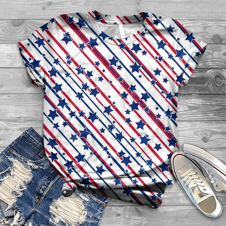 American Flag Stars Printed Short Sleeved T-shirt