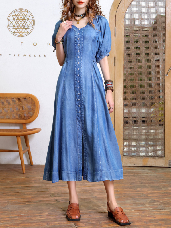 Women's Denim Dress High End V-Neck Puff Short Sleeve Western Style Cowgirl Dress