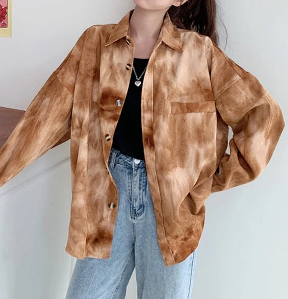 2020 Autumn New Women Vintage Tie Dye Corduroy Oversize Shirt Batwing Sleeve Button Up Pockets Blouse Spring Short Outwear T0990