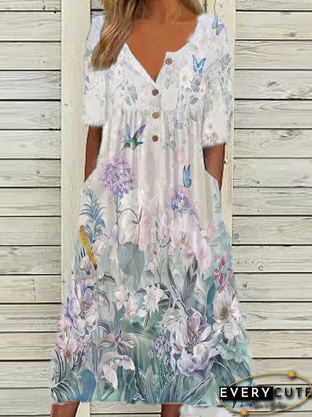 Women'S Dresses Printed V-Neck Button Pocket Short Sleeve Dress