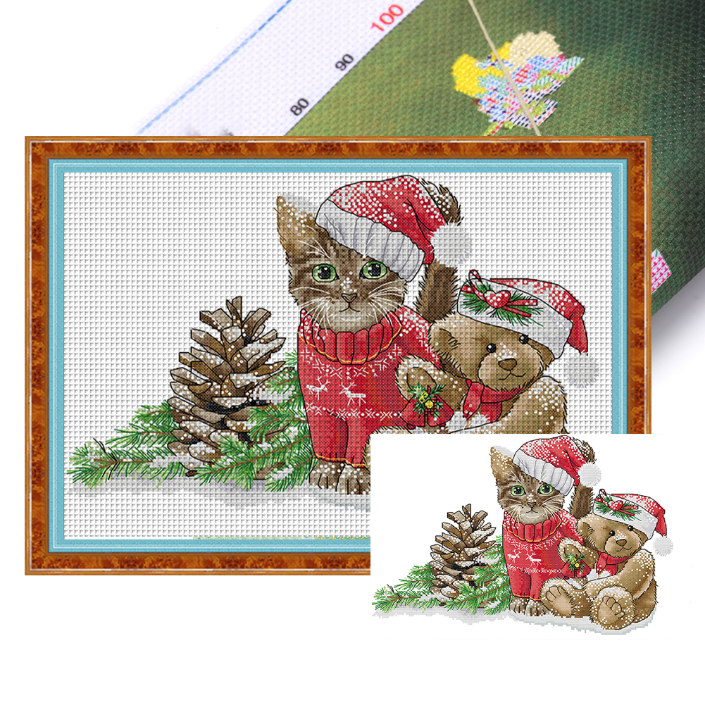 14CT Full Stamped Cross Stitch Kit - Xmas Cat and Bear (42*30CM)