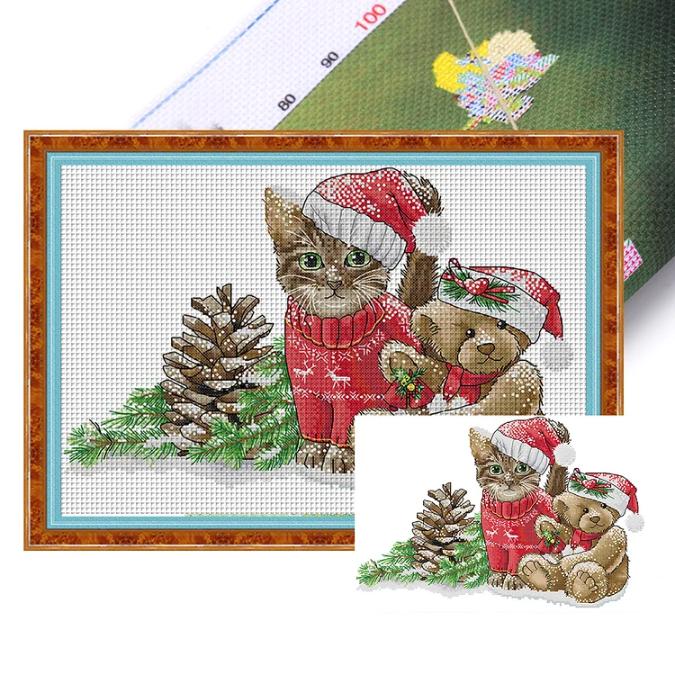 Joy Sunday Christmas Kitten And Bear 14CT Stamped Cross Stitch 42*30CM