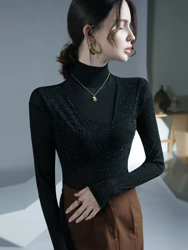 Asymmetric Mesh See-Through Shiny Split-Joint Long Sleeves Skinny Half Turtleneck Blouses&shirts Tops