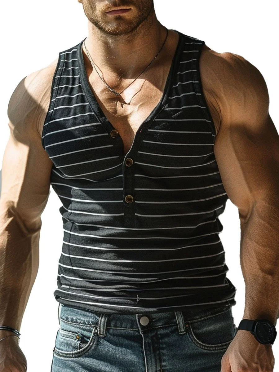 Men's Button-Down V-Neck Contrast Striped Casual Tank Top