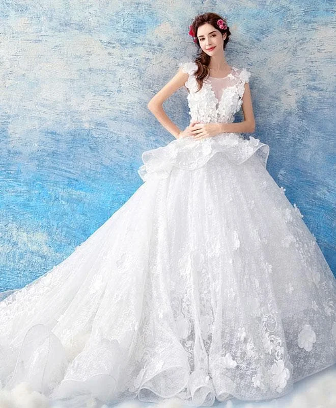 White Round Neck Lace Long Wedding Gown, Lace Wedding Dress