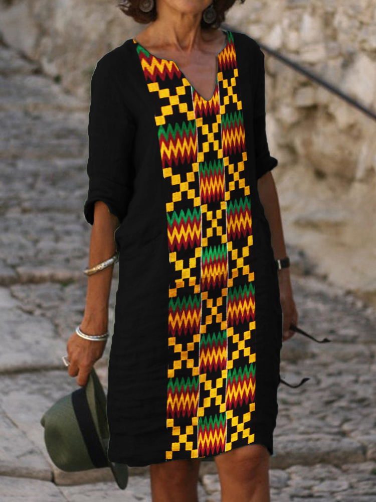 Black Pride Kente Pattern Notch Neck Midi Dress wearshes
