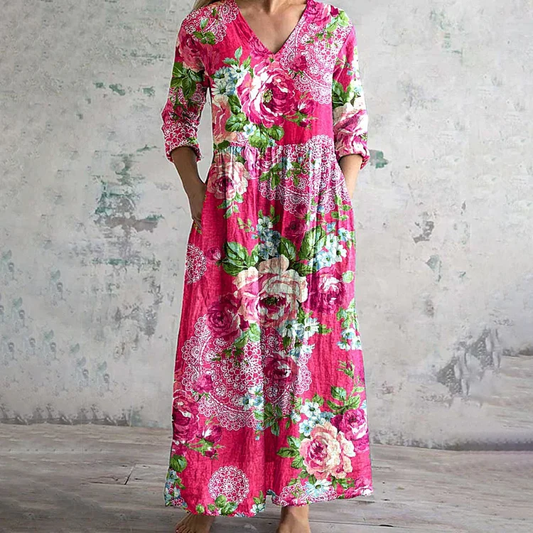 VChics Art Rose Floral V Neck Cotton And Linen Midi Dress