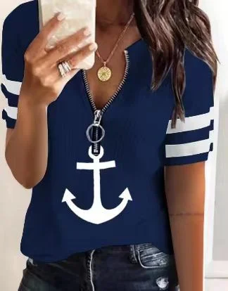 Wongn Wongn New Fashion Casual Zipper Shipping Mark Print Fashion Sleeve Short-Sleeved T-Shirt