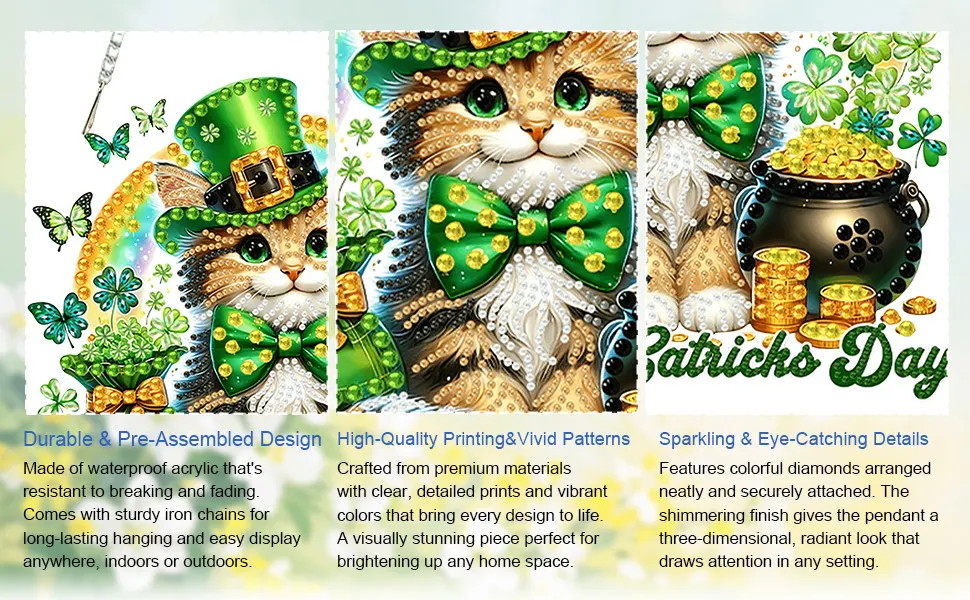 St Patricks Day Cat DIY 2D Flat Acrylic Diamond Painting Kits 5D Diamond Art Painting Window Pendants for Home Garden Wall Decoration