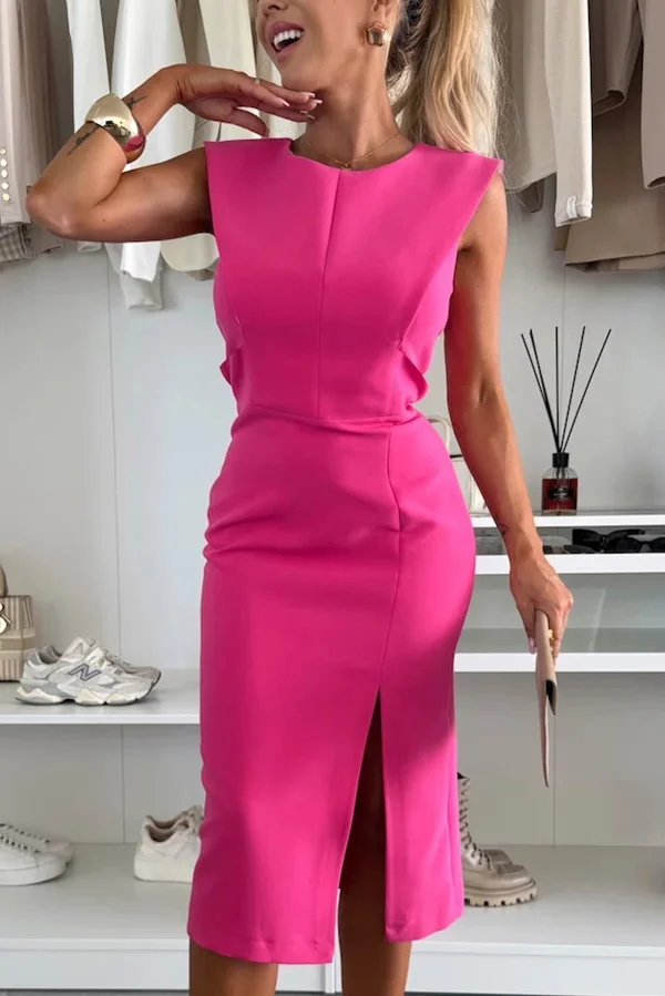 Charming Lady Solid Color Round Neck Sleeveless Waisted Slit Stretch Midi Dress