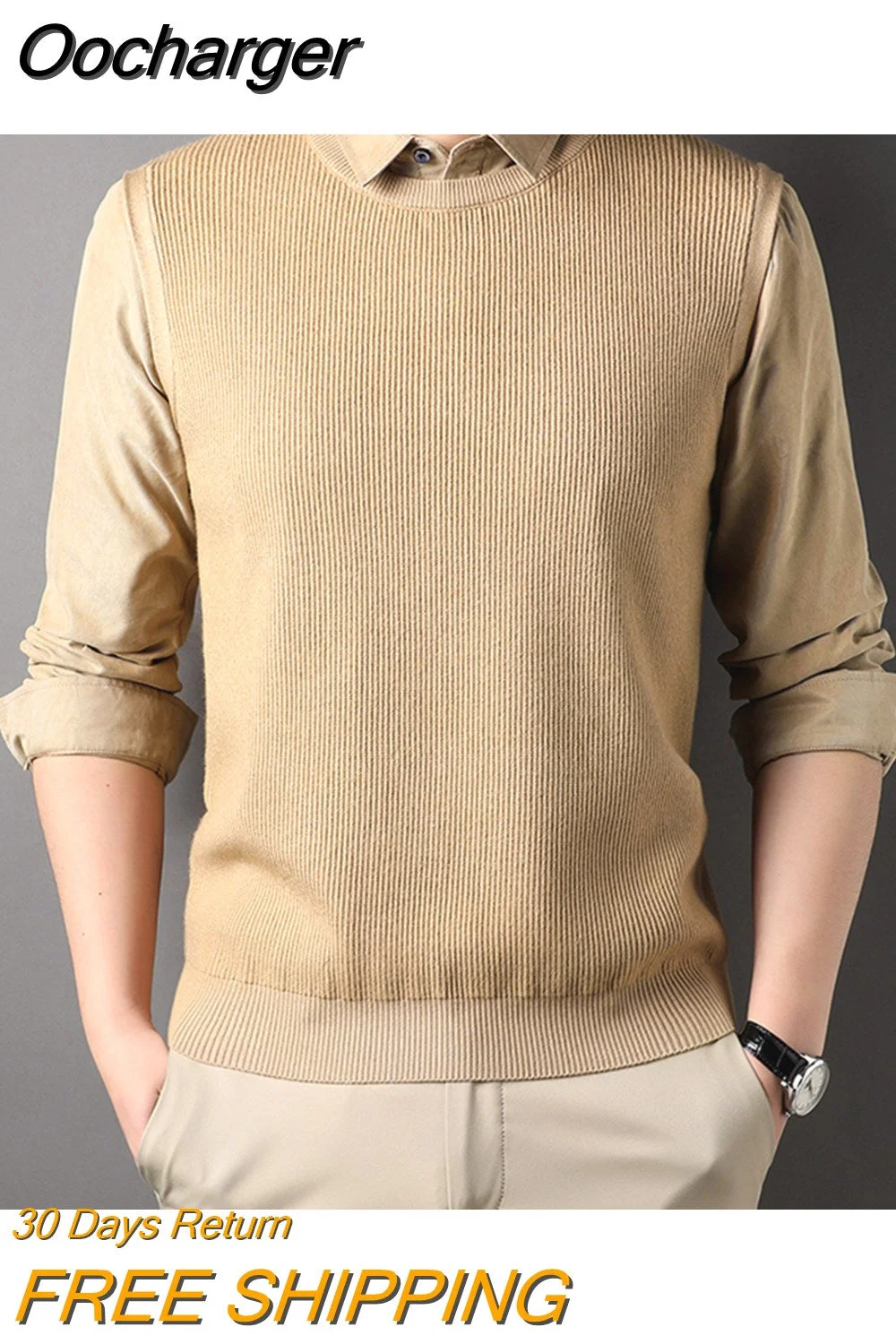 Oocharger Grade Wool 4.8% Fake Two Collared Men's Knitted Sweater 2023 New Fashion Brnad College Knit Jumpers Smart Casual Pullovers