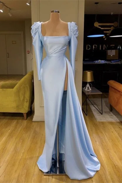 Gorgeous Baby Blue Square Neck Long Sleeves Prom Dress With Split - lulusllly