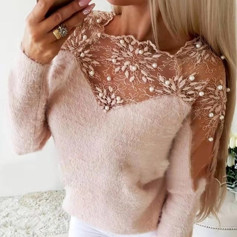 Cartoonh Pattern Stitching Sweater Women's Lace Mesh Sexy Slim Knit Warm Long-sleeved Suit Elegant Winter Vintage Sweater Top