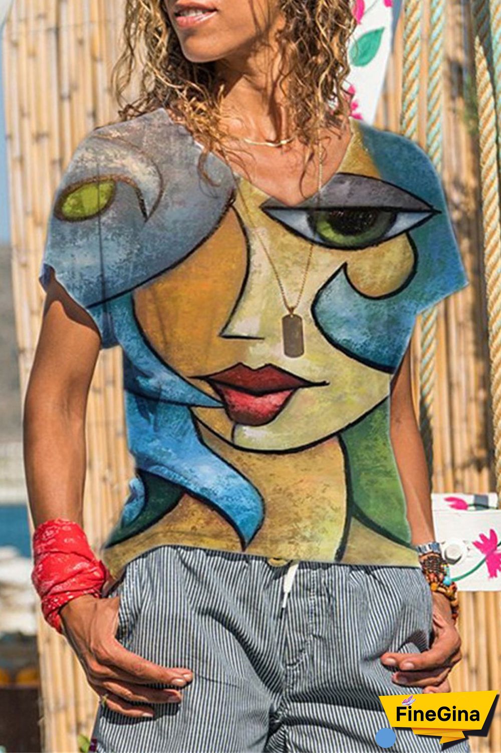 Character Print V-Neck Casual T-Shirt