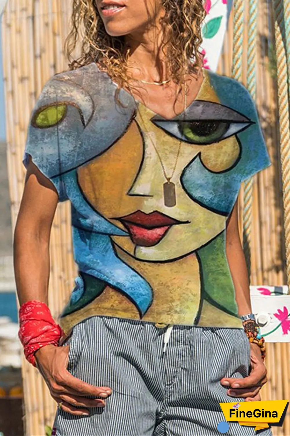 Character Print V-Neck Casual T-Shirt