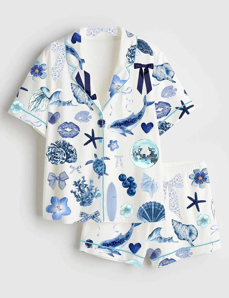 Women&rsquo;s Coquette Seashell Coastal Summer Vibes Turtle Shark Shell Sea World Short Sleeve Satin Pajama Set