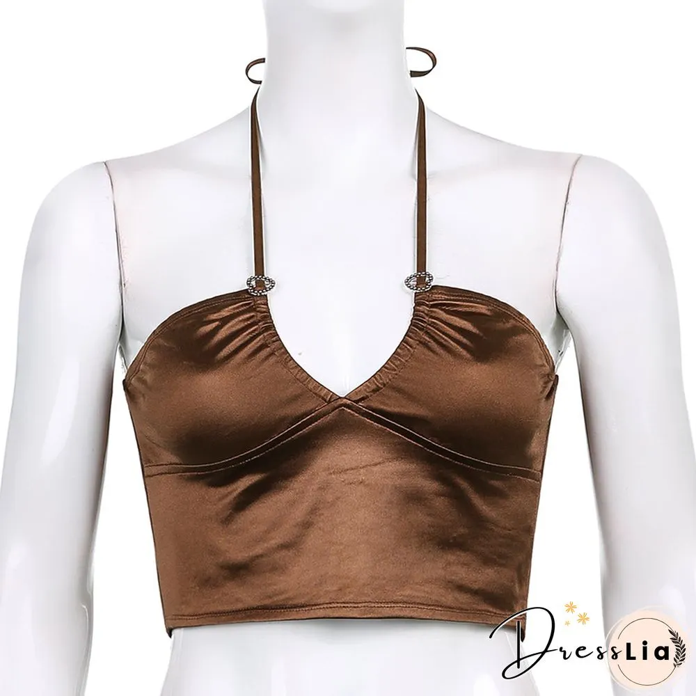 Sexy Fashion Brown Halter Tops Women Backless Skinny Camisole Korean Harajuku Clubwear