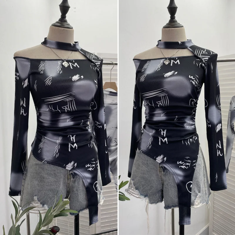 Churchf Long-Sleeved Irregular Design Small T-Shirt Women's Autumn Dress Print Hollow Tight Hottie Top 1108