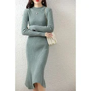 Dwblockchain Cashmere Sweater Women's Knitted Dresses 100% Merino Wool O-Neck Elegant Party Dress Autumn Winter Female Pullover Casual Skirts