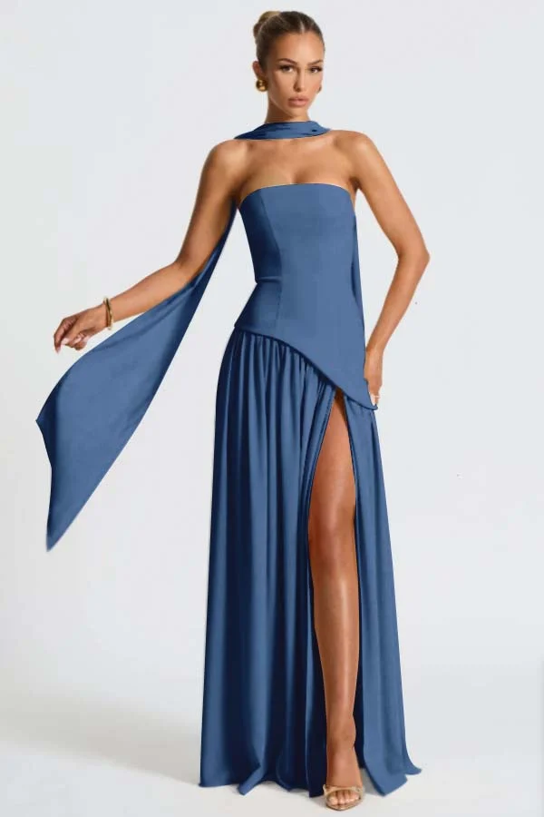 Light Yellow Fashion Split Strapless Summer Prom Dress With Scarf ZT0800