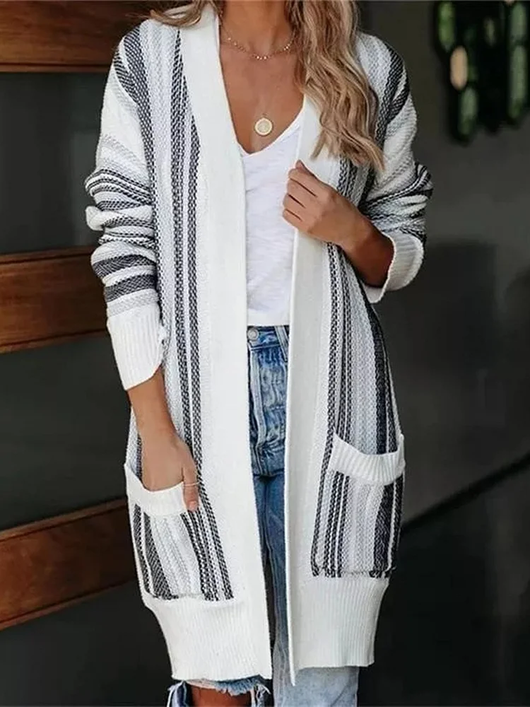 Striped Casual Autumn Natural Daily Loose Mid-Long Medium Elasticity Regular Size Sweater Coat For Women