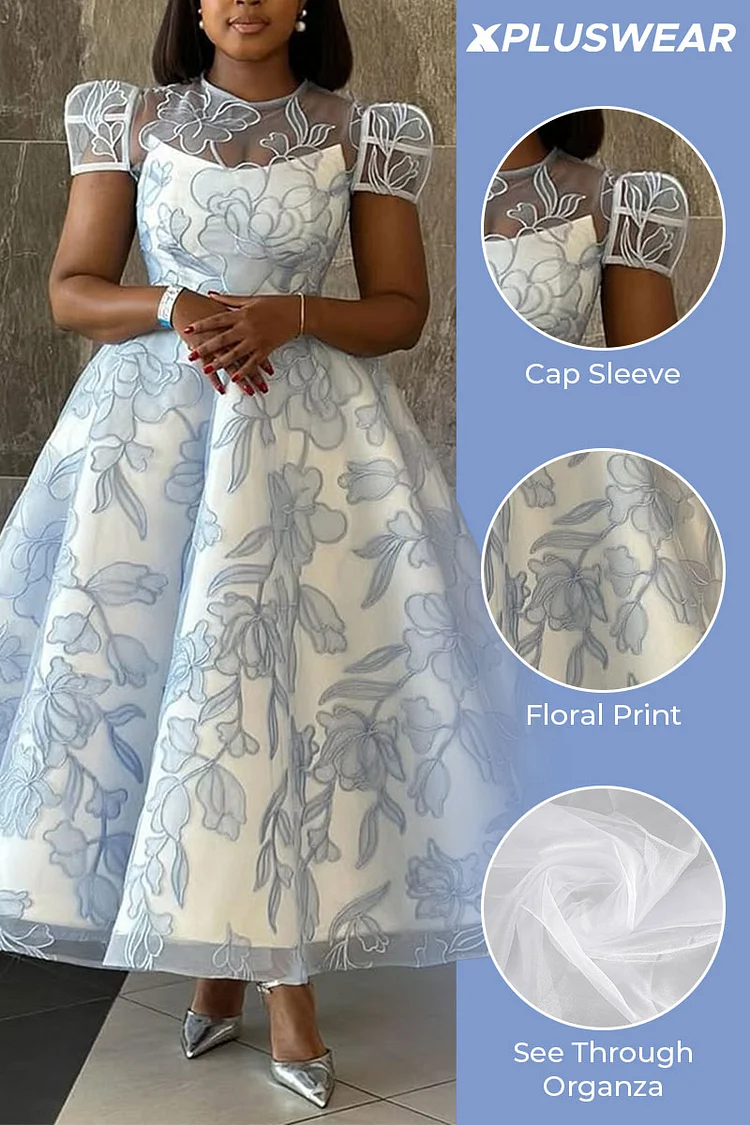Plus Size Formal Blue Elegant Floral Round Neck Cap Sleeve Short Sleeve See Through Organza Maxi Dresses [Pre-Order]