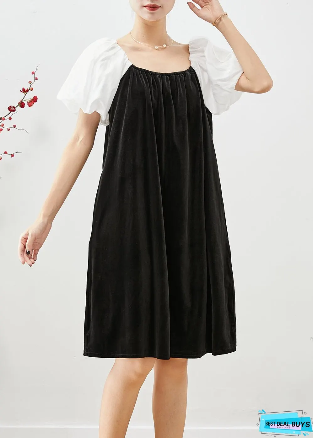 White Patchwork Silk Velour Dresses Oversized Square Collar Puff Sleeve