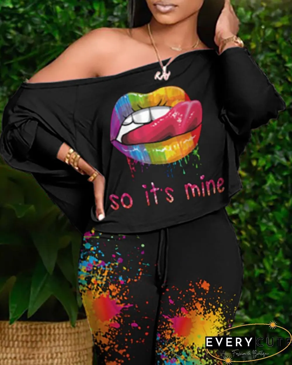 Lip Letter Print Top & Ink Splash Print Pants Set