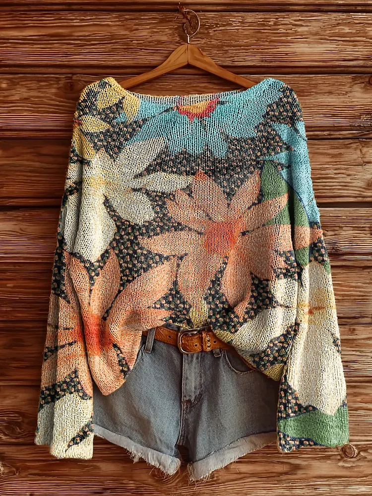 Women's Bohemian Floral Art Print Casual Pullover Sweater