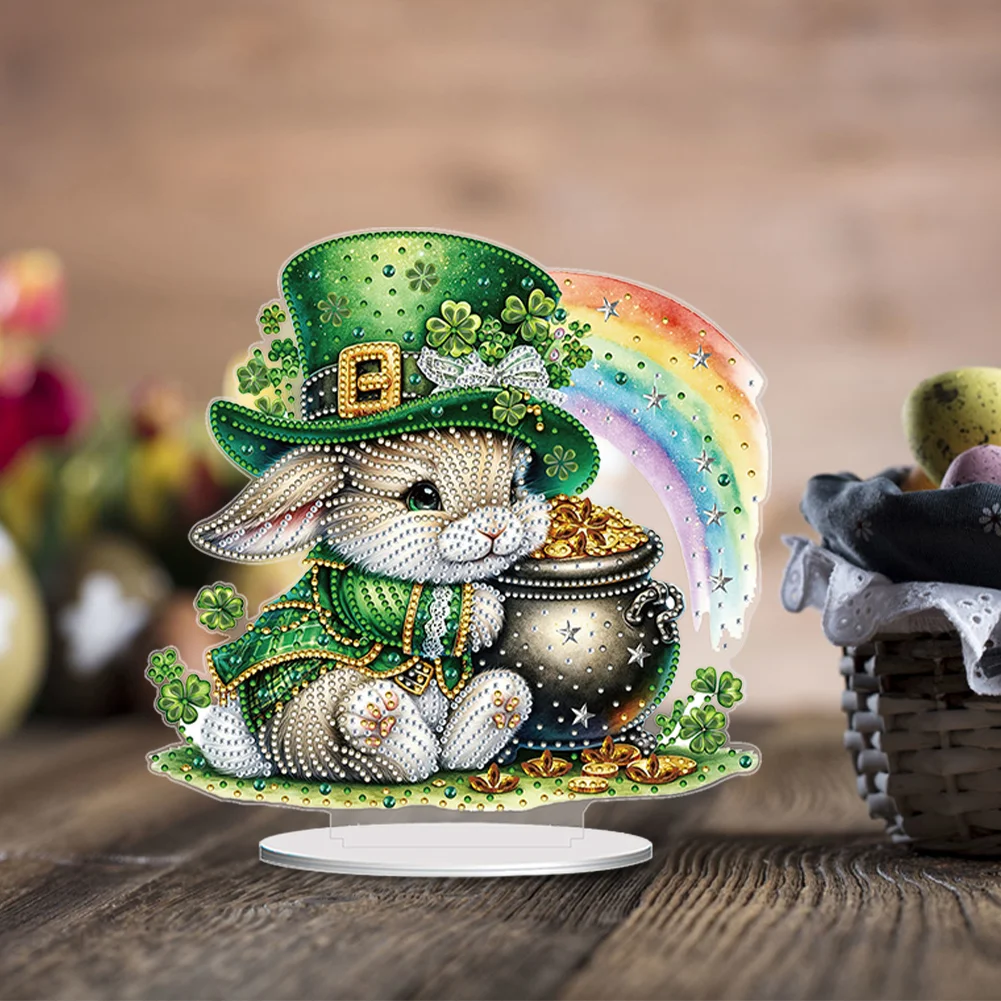 DIY Acrylic St. Patricks Day Rabbit Special Shape Diamond Painting Tabletop Ornament Creative Home Decor & Gift Idea for Adults - Relaxing Craft Activity